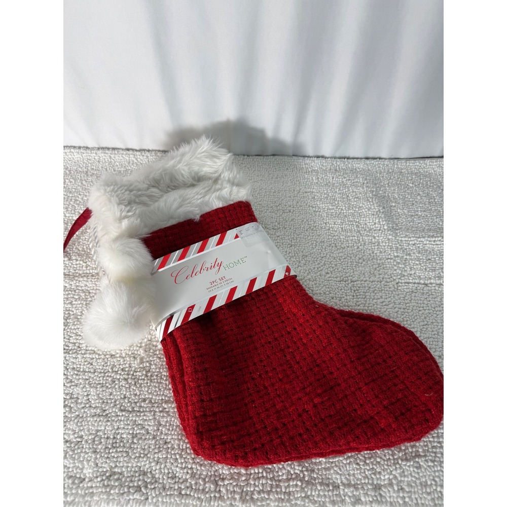 Celebrity Home Red Knit Christmas Stocking Faux Fur Pom Pom Set 2pc Brand New